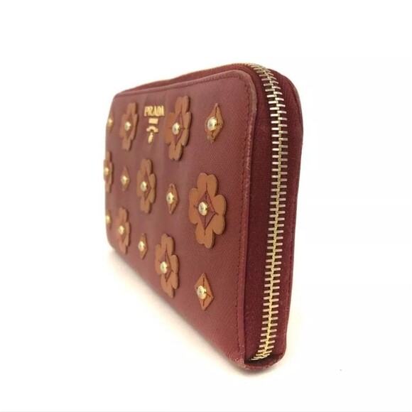 PRADA Saffiano Leather Flower Pearl Long Zip Around Wallet Red w/ Orange flowers - Picture 4 of 8